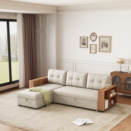 Linen Pull Out Sectional Sofa with Storage Chaise