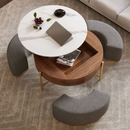 Modern Lift-Top Round Coffee Table with Storage and Nesting Ottomans
