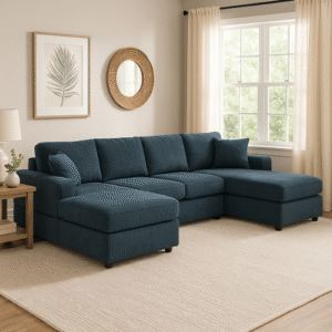 Coastal Teal Corduroy Double Chaise Cloud Sectional Sofa
