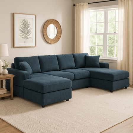 Coastal Teal Corduroy Double Chaise Cloud Sectional Sofa