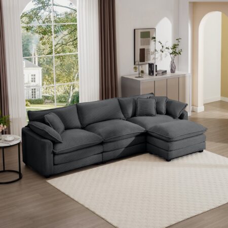Corduroy Cloud Plush Sectional Sofa with Ottoman
