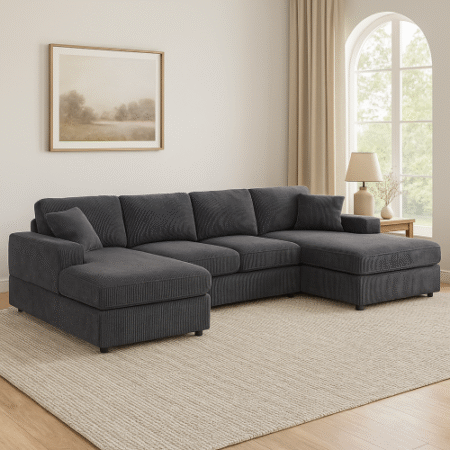 Coastal Grey Corduroy Double-Chaise Cloud Sectional Sofa