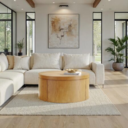 Maya 36 Modern Easy Assembly Round Oak Wood Veneer Coffee table with Storage