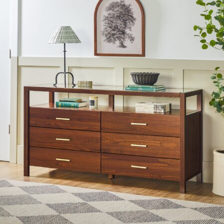 Isla Modern Easy Assembly Solid Wood 6-Drawer Dresser with Glass Top