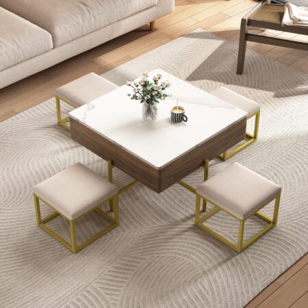 Modern Square Lift-Top Coffee Table Set with 4 Ottomans