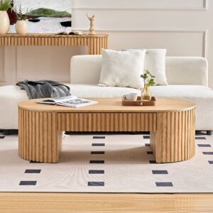 Reeded Oval Wood Coffee Table With Drawer