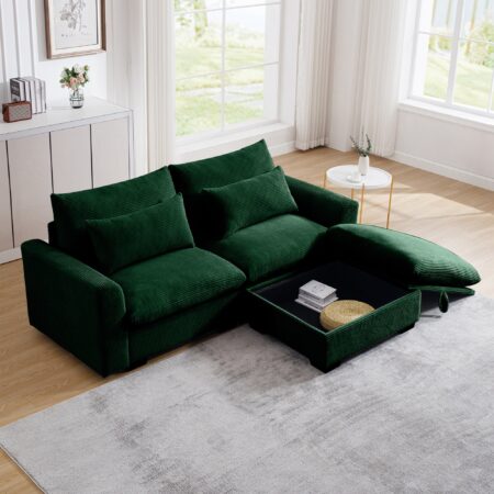 Lux Green Corduroy Cloud Modular Loveseat Couch with Storage Ottoman