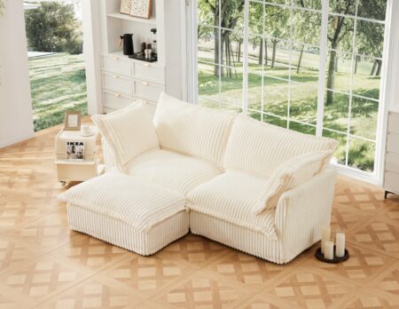 Cloud Cream Corduroy Slipcovered Sectional Sofa with Ottoman
